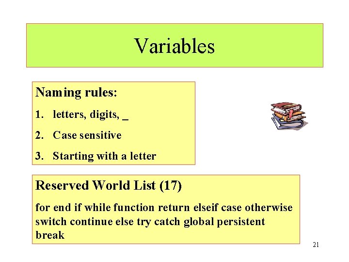 Variables Naming rules: 1. letters, digits, _ 2. Case sensitive 3. Starting with a
