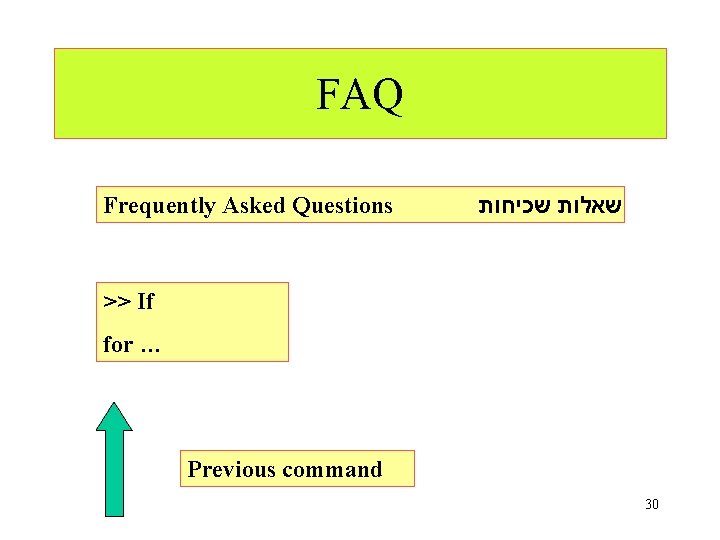 FAQ Frequently Asked Questions שאלות שכיחות >> If for … Previous command 30 