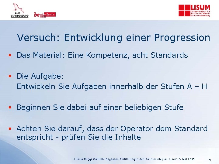 Versuch: Entwicklung einer Progression § Das Material: Eine Kompetenz, acht Standards § Die Aufgabe: