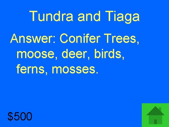 Tundra and Tiaga Answer: Conifer Trees, moose, deer, birds, ferns, mosses. $500 