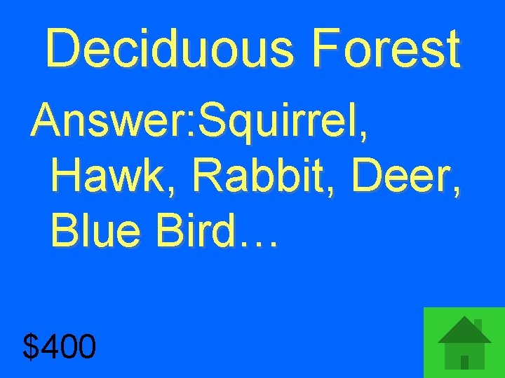 Deciduous Forest Answer: Squirrel, Hawk, Rabbit, Deer, Blue Bird… $400 