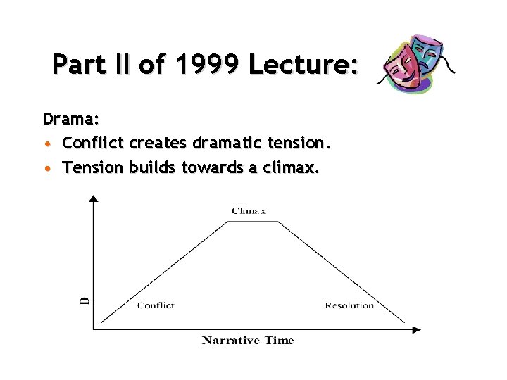 Part II of 1999 Lecture: Drama: • Conflict creates dramatic tension. • Tension builds