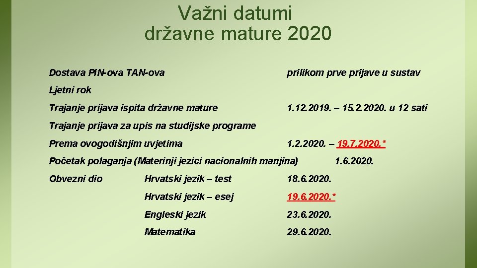 Važni datumi državne mature 2020 Dostava PIN-ova TAN-ova prilikom prve prijave u sustav Ljetni