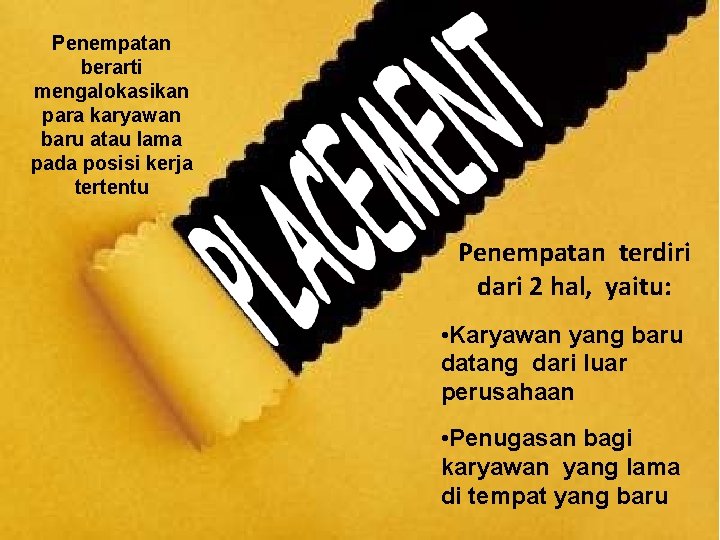 Penempatan berarti mengalokasikan para karyawan baru atau lama pada posisi kerja tertentu Penempatan terdiri