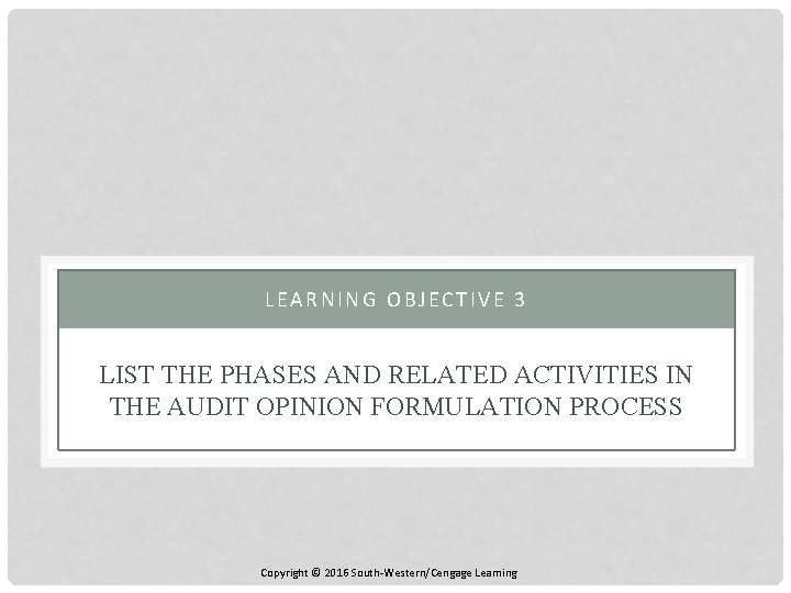 LEARNING OBJECTIVE 3 LIST THE PHASES AND RELATED ACTIVITIES IN THE AUDIT OPINION FORMULATION