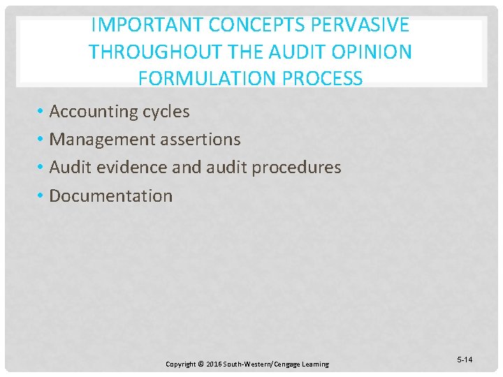 IMPORTANT CONCEPTS PERVASIVE THROUGHOUT THE AUDIT OPINION FORMULATION PROCESS • Accounting cycles • Management