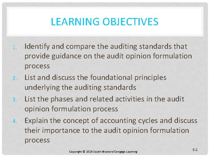 LEARNING OBJECTIVES 1. 2. 3. 4. Identify and compare the auditing standards that provide