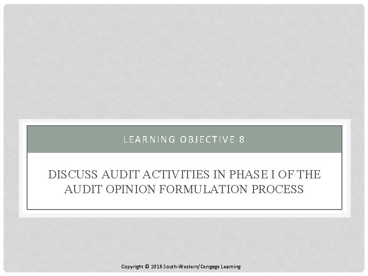 LEARNING OBJECTIVE 8 DISCUSS AUDIT ACTIVITIES IN PHASE I OF THE AUDIT OPINION FORMULATION