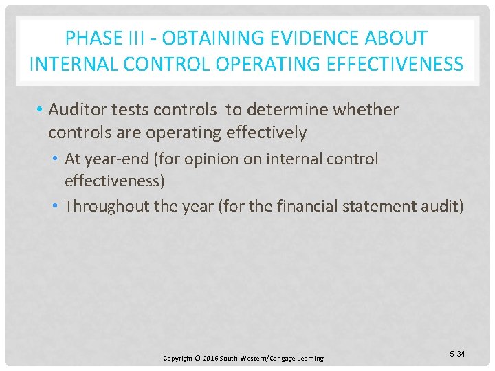 PHASE III - OBTAINING EVIDENCE ABOUT INTERNAL CONTROL OPERATING EFFECTIVENESS • Auditor tests controls