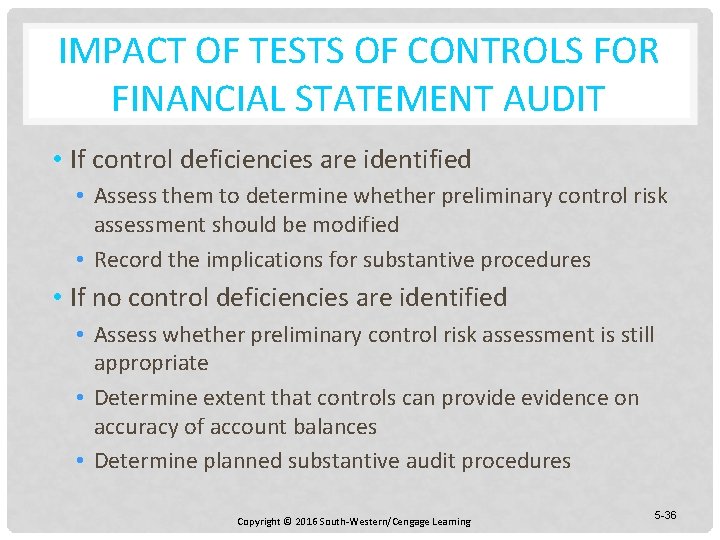 IMPACT OF TESTS OF CONTROLS FOR FINANCIAL STATEMENT AUDIT • If control deficiencies are