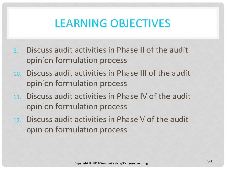 LEARNING OBJECTIVES 9. 10. 11. 12. Discuss audit activities in Phase II of the