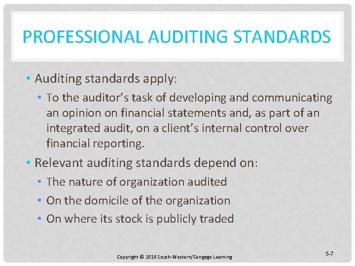 PROFESSIONAL AUDITING STANDARDS • Auditing standards apply: • To the auditor’s task of developing