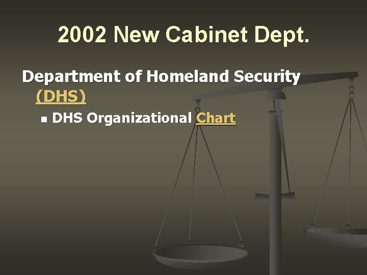 2002 New Cabinet Dept. Department of Homeland Security (DHS) n DHS Organizational Chart 