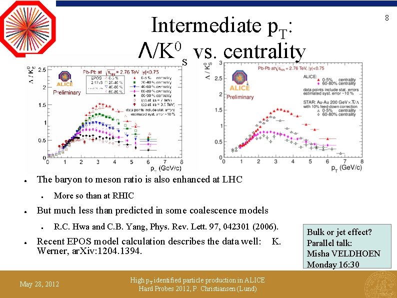 Intermediate p. T: Λ/K 0 s vs. centrality ● The baryon to meson ratio
