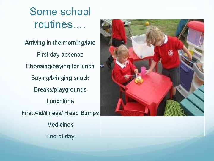 Some school routines…. Arriving in the morning/late First day absence Choosing/paying for lunch Buying/bringing