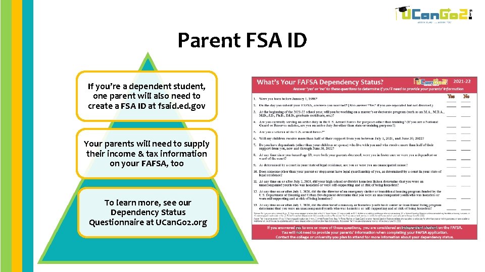 Parent FSA ID If you’re a dependent student, one parent will also need to