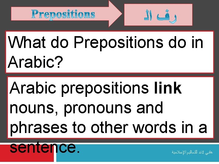 What do Prepositions do in Arabic? Arabic prepositions link nouns, pronouns and phrases to