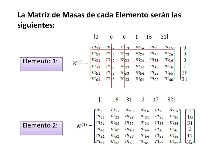 La Matriz de Masas de cada Elemento serán las siguientes: Elemento 1: Elemento 2: