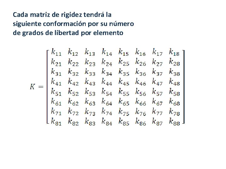 Cada matriz de rigidez tendrá la siguiente conformación por su número de grados de