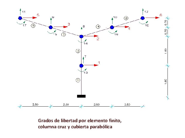 Grados de libertad por elemento finito, columna cruz y cubierta parabólica 