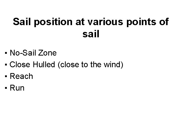 Sail position at various points of sail ▪ No-Sail Zone ▪ Close Hulled (close