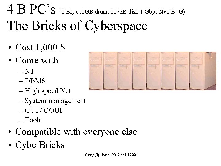 4 B PC’s (1 Bips, . 1 GB dram, 10 GB disk 1 Gbps