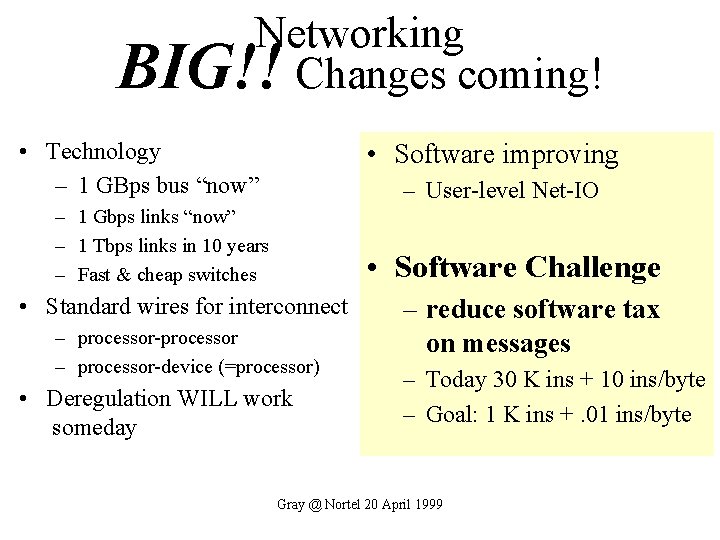 Networking BIG!! Changes coming! • Technology – 1 GBps bus “now” • Software improving