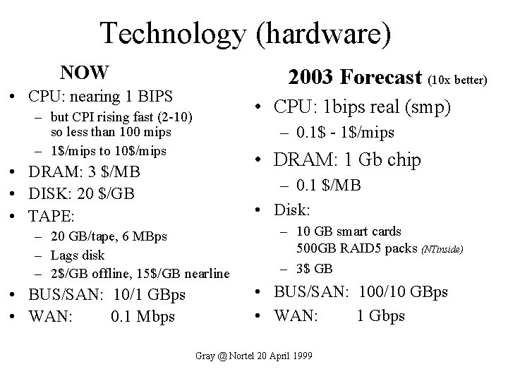 Technology (hardware) NOW 2003 Forecast (10 x better) • CPU: nearing 1 BIPS •