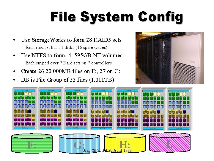 File System Config • Use Storage. Works to form 28 RAID 5 sets Each