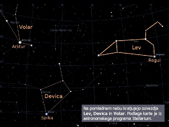 Na pomladnem nebu kraljujejo ozvezdja Lev, Devica in Volar. Podlaga karte je iz astronomskega