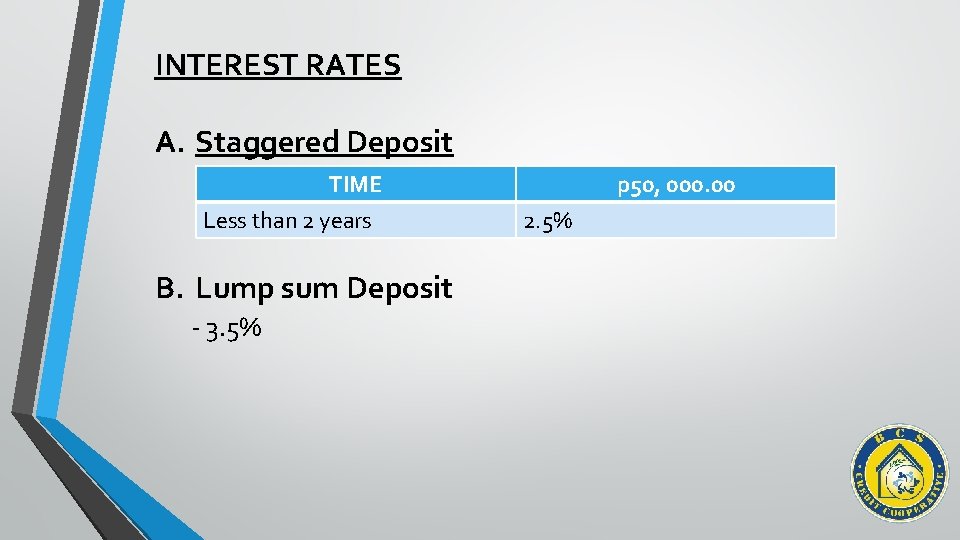 INTEREST RATES A. Staggered Deposit TIME Less than 2 years B. Lump sum Deposit