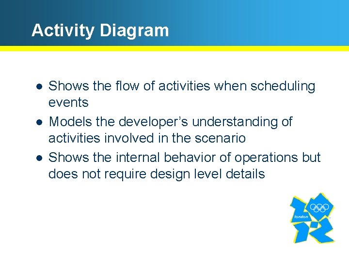 Activity Diagram l l l Shows the flow of activities when scheduling events Models