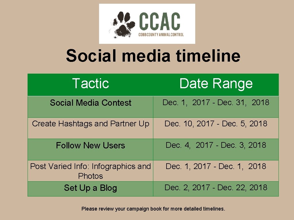 Social media timeline Tactic Date Range Social Media Contest Dec. 1, 2017 - Dec.