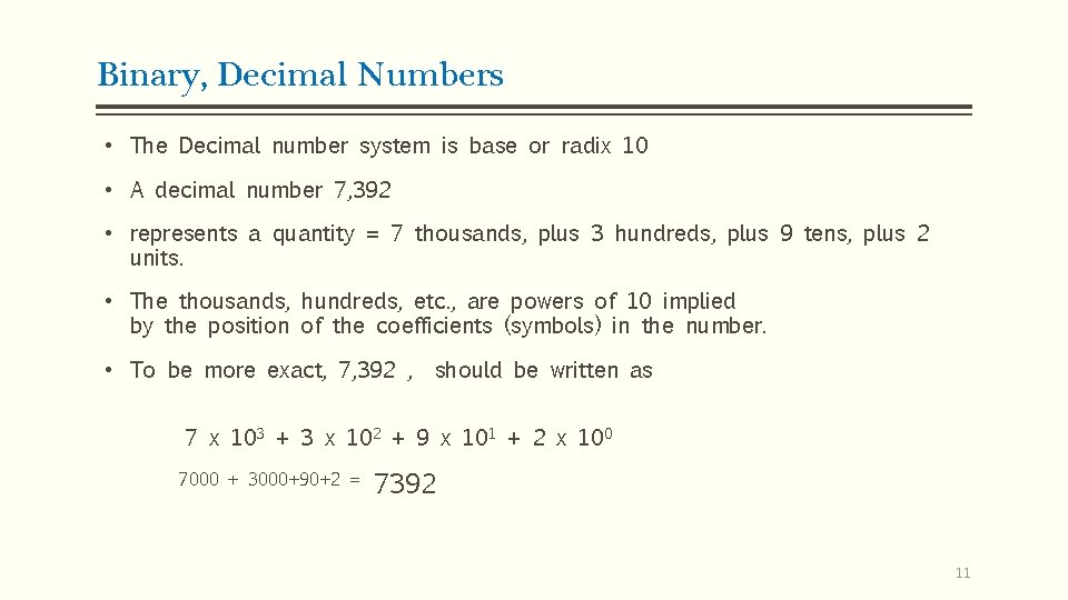 Binary, Decimal Numbers • The Decimal number system is base or radix 10 •