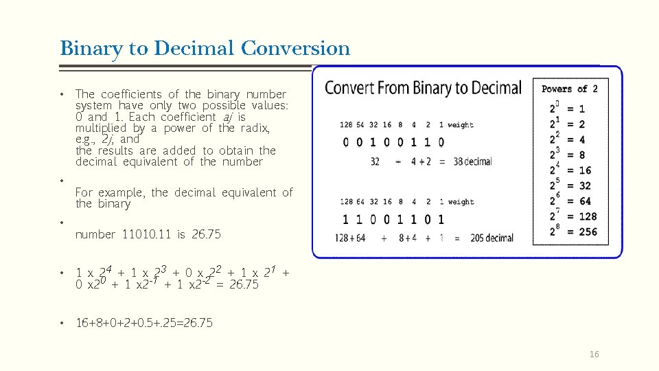Binary to Decimal Conversion • The coefficients of the binary number system have only