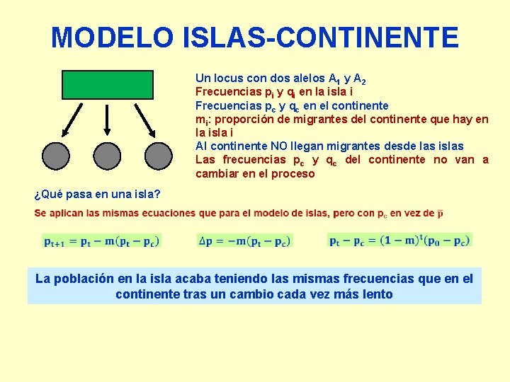 MODELO ISLAS-CONTINENTE Un locus con dos alelos A 1 y A 2 Frecuencias pi