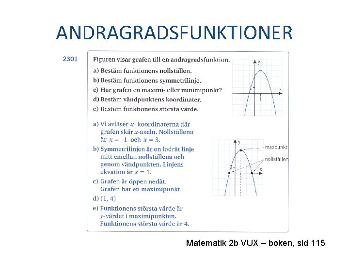 ANDRAGRADSFUNKTIONER Matematik 2 b VUX – boken, sid 115 