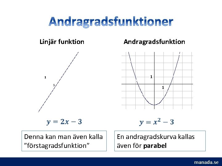 Linjär funktion Andragradsfunktion Denna kan man även kalla ”förstagradsfunktion” En andragradskurva kallas även för