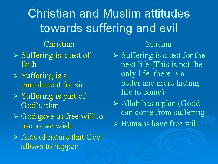 Christian and Muslim attitudes towards suffering and evil Christian Ø Suffering is a test
