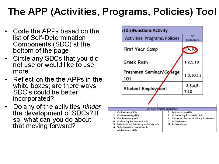 The APP (Activities, Programs, Policies) Tool • Code the APPs based on the list