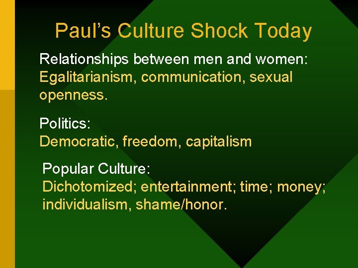 Paul’s Culture Shock Today Relationships between men and women: Egalitarianism, communication, sexual openness. Politics: