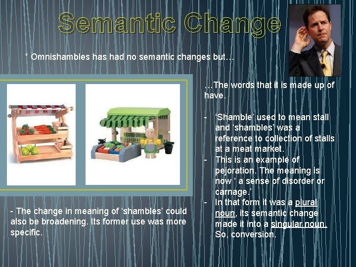 Semantic Change * Omnishambles had no semantic changes but… …The words that it is