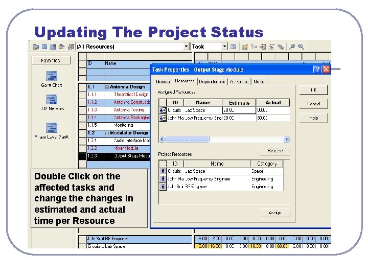 Updating The Project Status Double Click on the affected tasks and change the changes Updating The Project Status Double Click on the affected tasks and change the changes