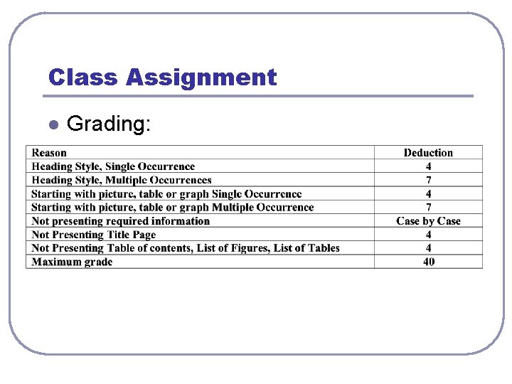 Class Assignment l Grading: Class Assignment l Grading: