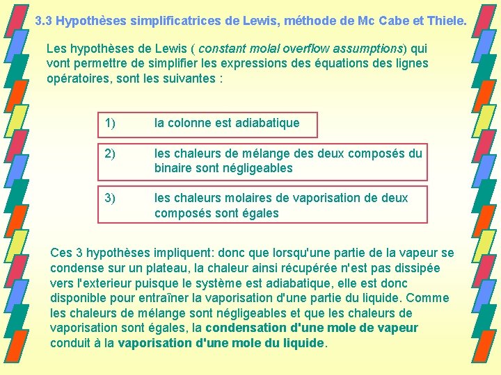 3. 3 Hypothèses simplificatrices de Lewis, méthode de Mc Cabe et Thiele. Les hypothèses