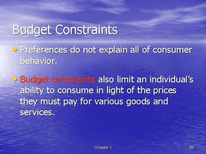 Budget Constraints • Preferences do not explain all of consumer behavior. • Budget constraints