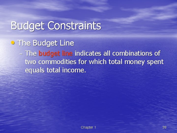 Budget Constraints • The Budget Line – The budget line indicates all combinations of