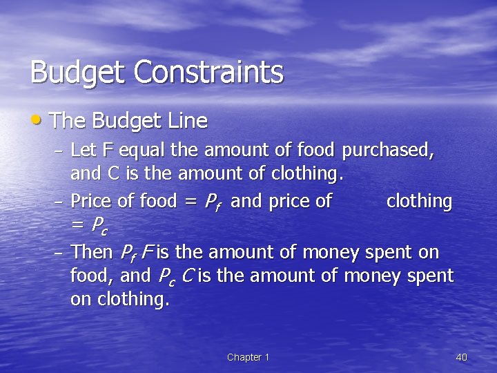 Budget Constraints • The Budget Line – – – Let F equal the amount