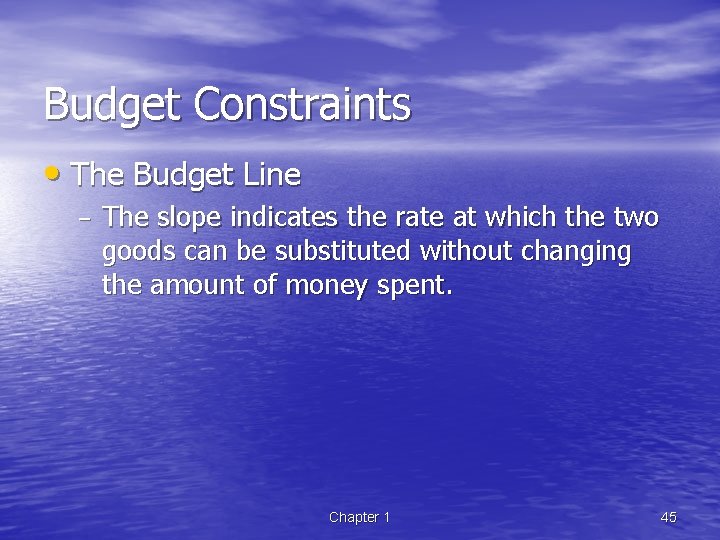 Budget Constraints • The Budget Line – The slope indicates the rate at which