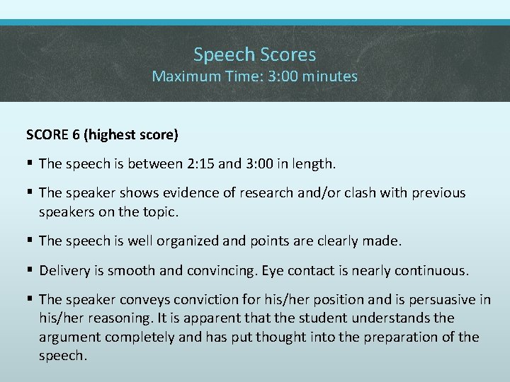 Speech Scores Maximum Time: 3: 00 minutes SCORE 6 (highest score) § The speech